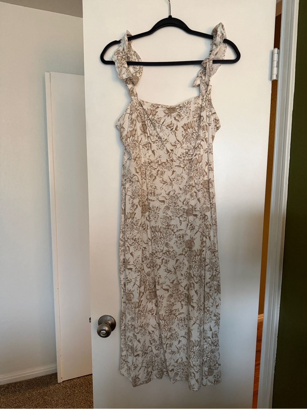 Floral Tie-Shoulder Midi Dress in Cream and Brown